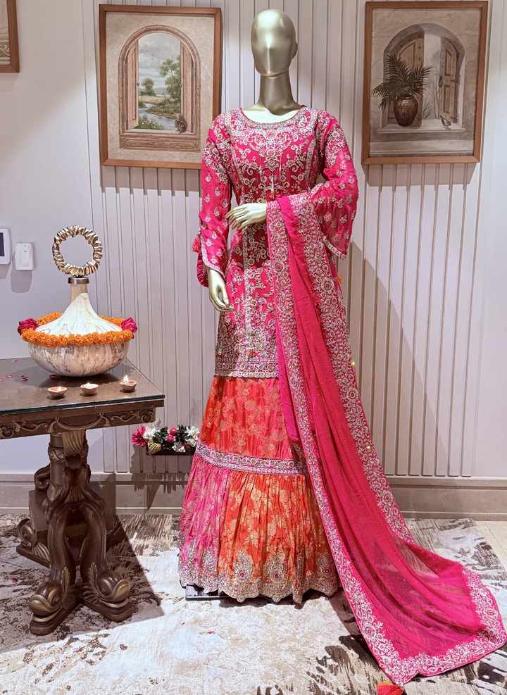 Ombre Crepe Silk Embroidered Kurta with Banarasi Sharara