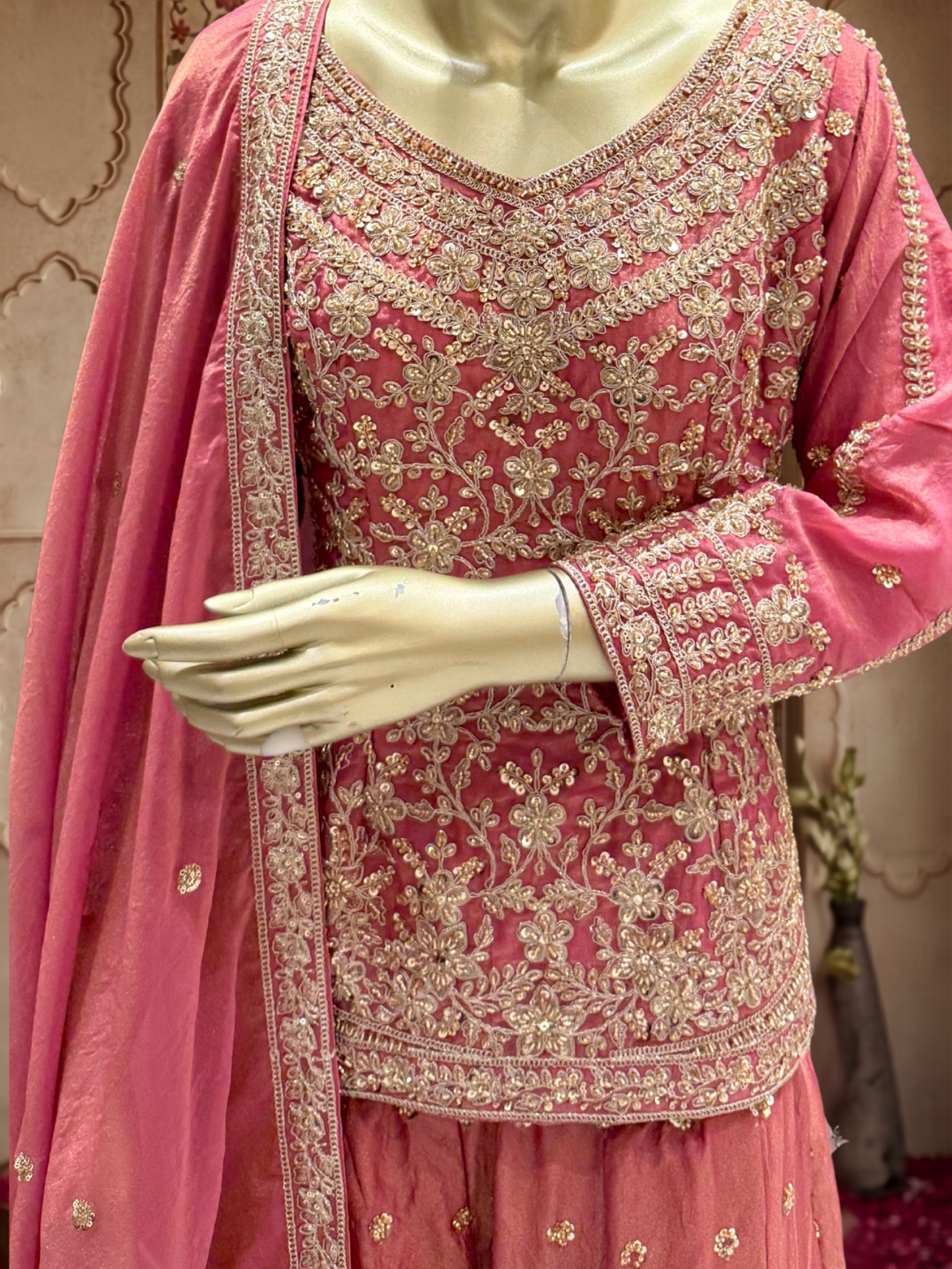 Zardozi & Sequin Embroidered Kurta with Sharara Set in Rose Pink