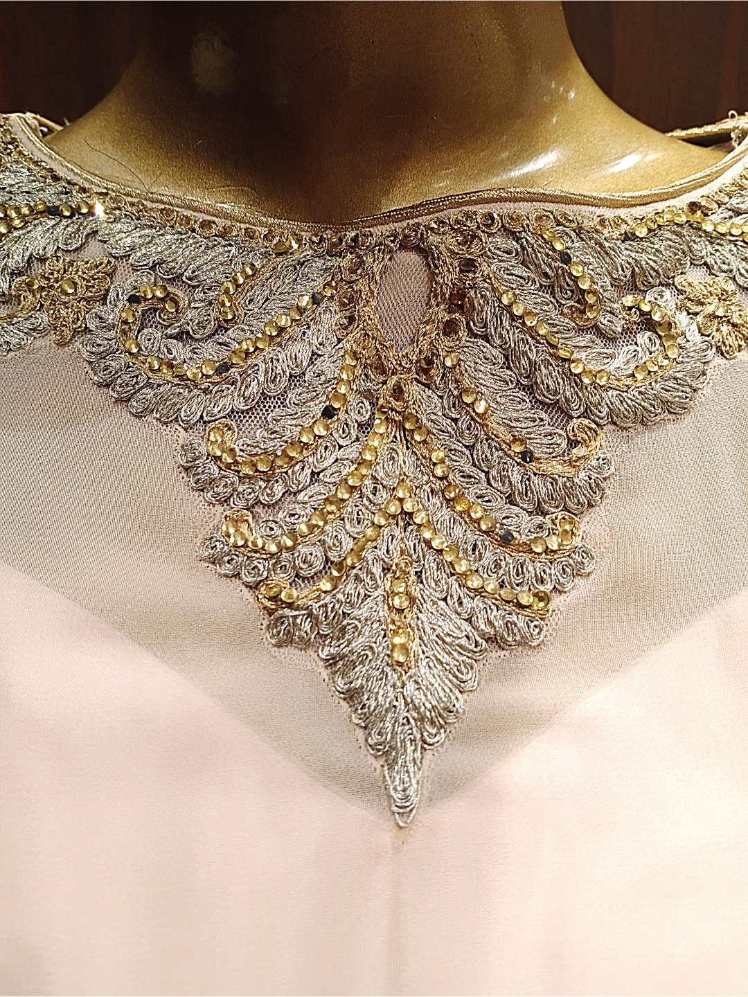 Ivory Pink Flared Gown With Stylized Back and Metallic Gold, Silver Thread Embroidery