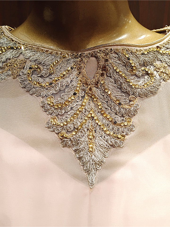Ivory Pink Flared Gown With Stylized Back and Metallic Gold, Silver Thread Embroidery