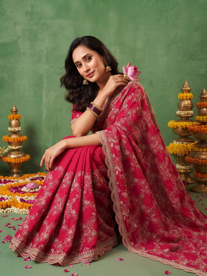 Silk Saree with Zari Floral Jaal Embroidery & Scalloped Cutwork Border