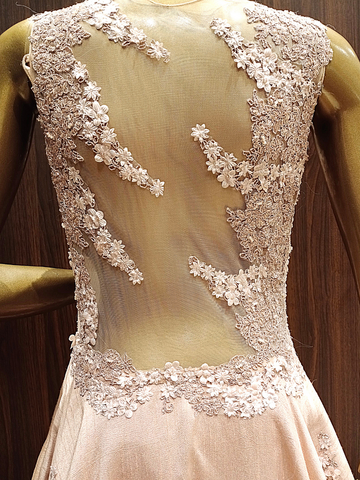 Rose Gold Structured Jacket Gown With Resham Embroidery & Stylised Hemline