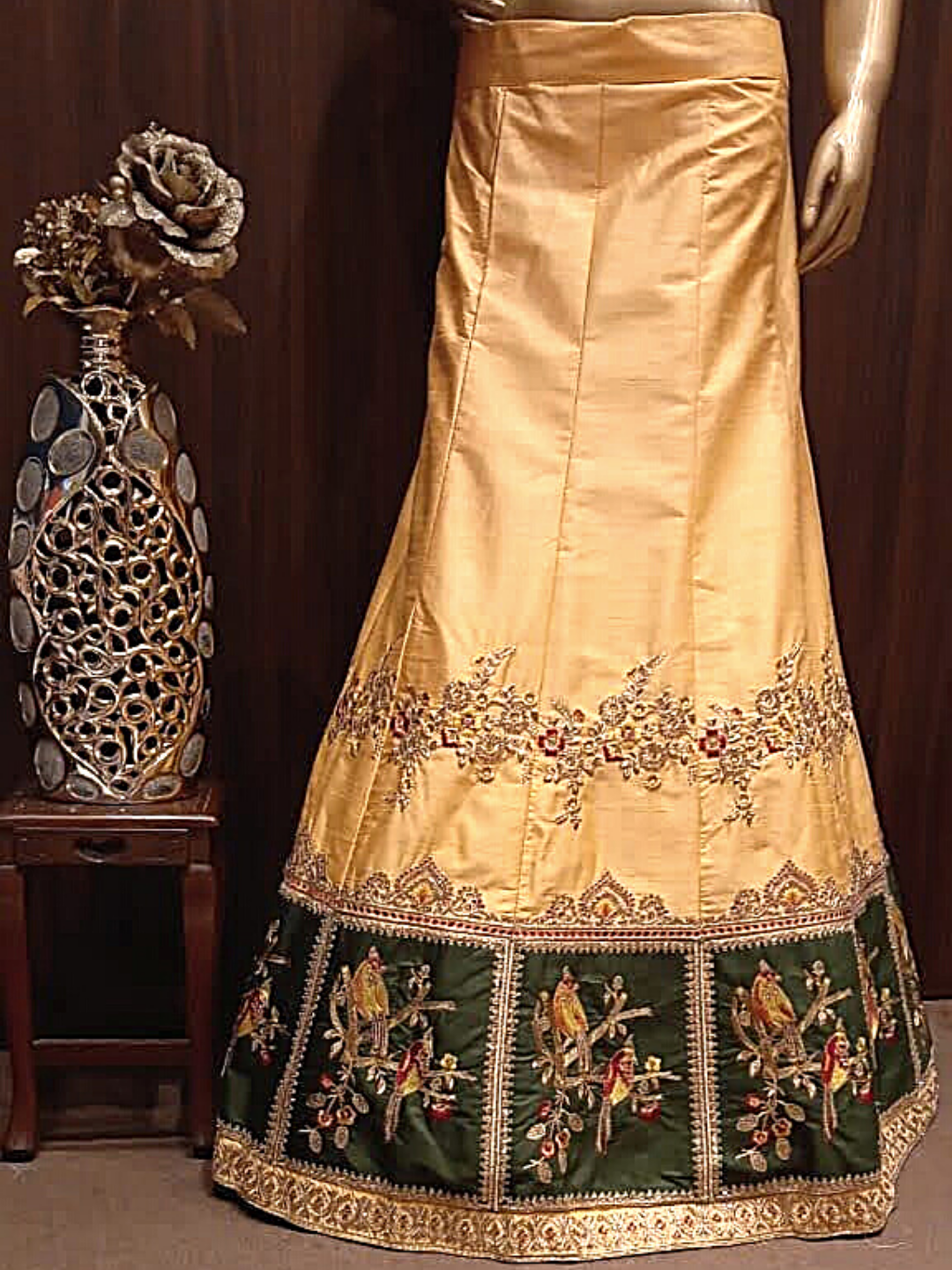 Beige Semi-Stitched Silk Lehenga with Broad Embroidered Border & Embellished Dupatta