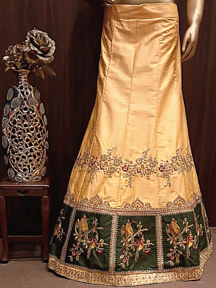 Beige Semi-Stitched Silk Lehenga with Broad Embroidered Border & Embellished Dupatta
