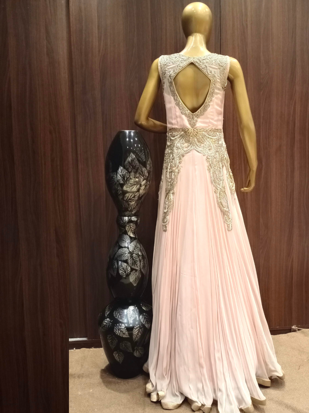 Ivory Pink Flared Gown With Stylized Back and Metallic Gold, Silver Thread Embroidery