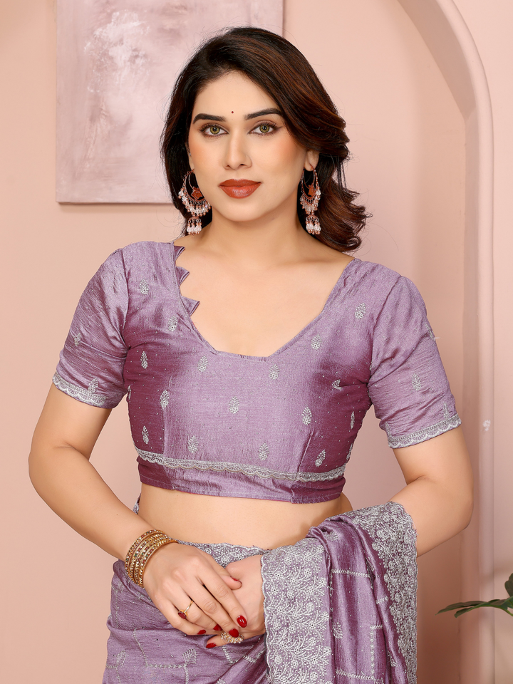 Mauve Sequin Embroidered Chevron Saree with Scalloped Border