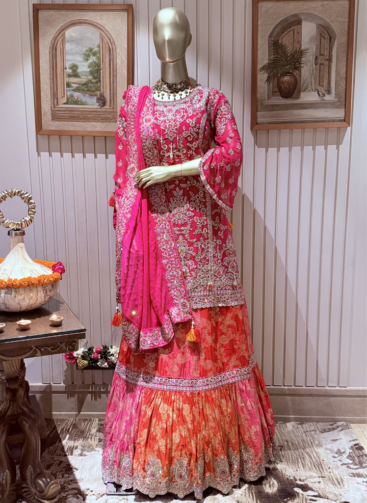 Ombre Crepe Silk Embroidered Kurta with Banarasi Sharara