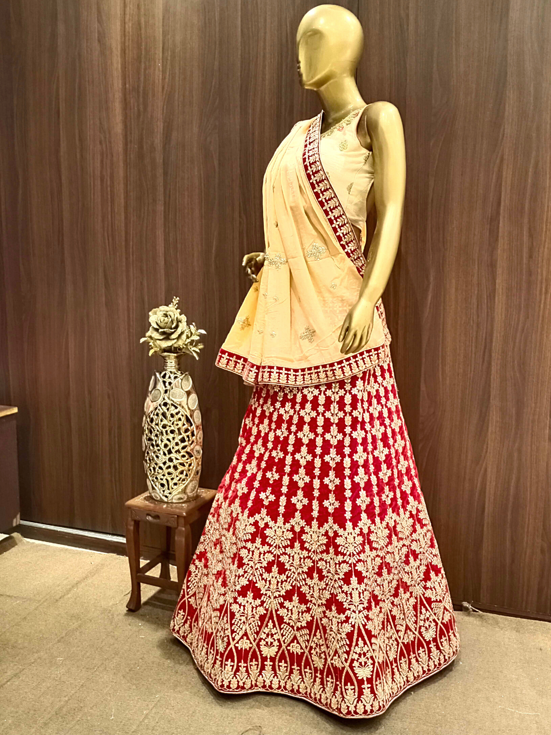 Heavy Ornate Semi-Stitched Bridal Lehenga with Gold Zari Embroidery and Contrast Embroidered Dupatta