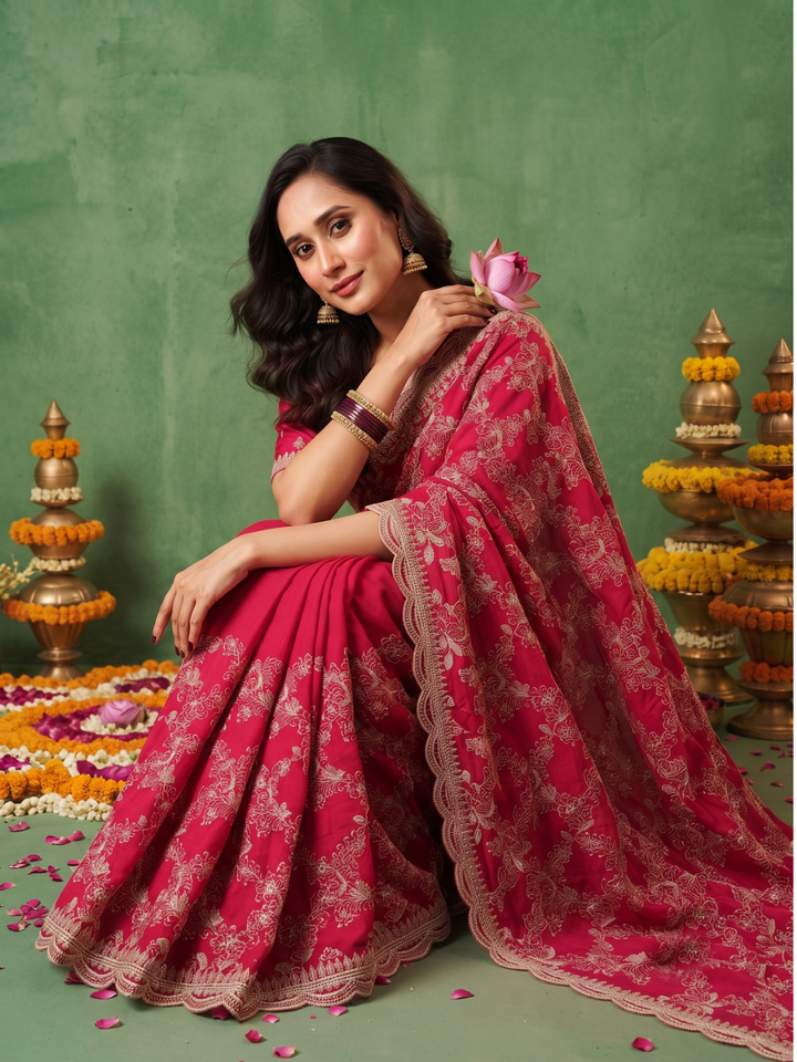 Silk Saree with Zari Floral Jaal Embroidery & Scalloped Cutwork Border