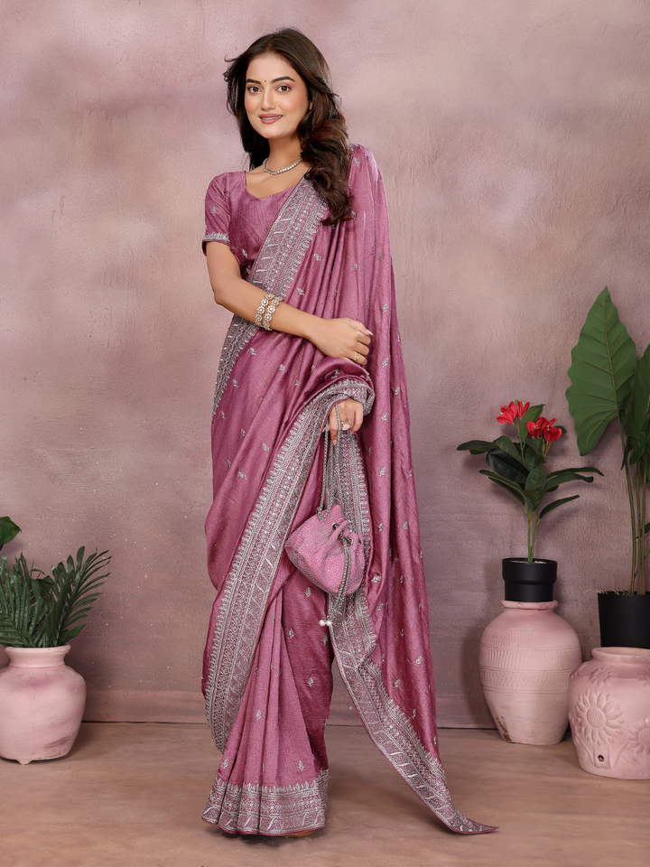 Dusty Pink Sequin Embroidered Booti Saree with Broad Border
