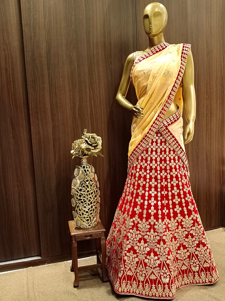 Heavy Ornate Semi-Stitched Bridal Lehenga with Gold Zari Embroidery and Contrast Embroidered Dupatta