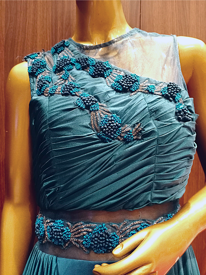 Midnight Blue Crepe Silk Flared Gown With Rushing and Metallic Pearl Embroidery