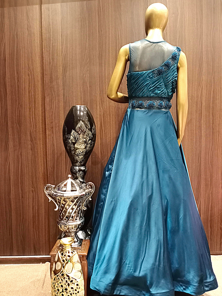 Midnight Blue Crepe Silk Flared Gown With Rushing and Metallic Pearl Embroidery