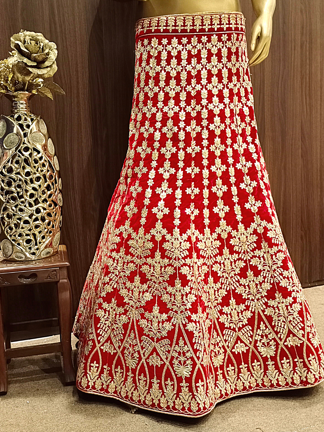 Heavy Ornate Semi-Stitched Bridal Lehenga with Gold Zari Embroidery and Contrast Embroidered Dupatta