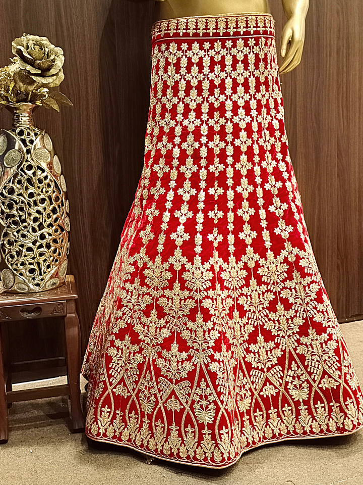 Heavy Ornate Semi-Stitched Bridal Lehenga with Gold Zari Embroidery and Contrast Embroidered Dupatta
