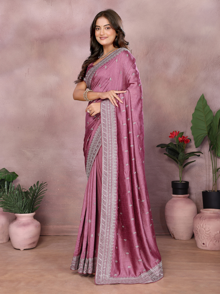 Dusty Pink Sequin Embroidered Booti Saree with Broad Border