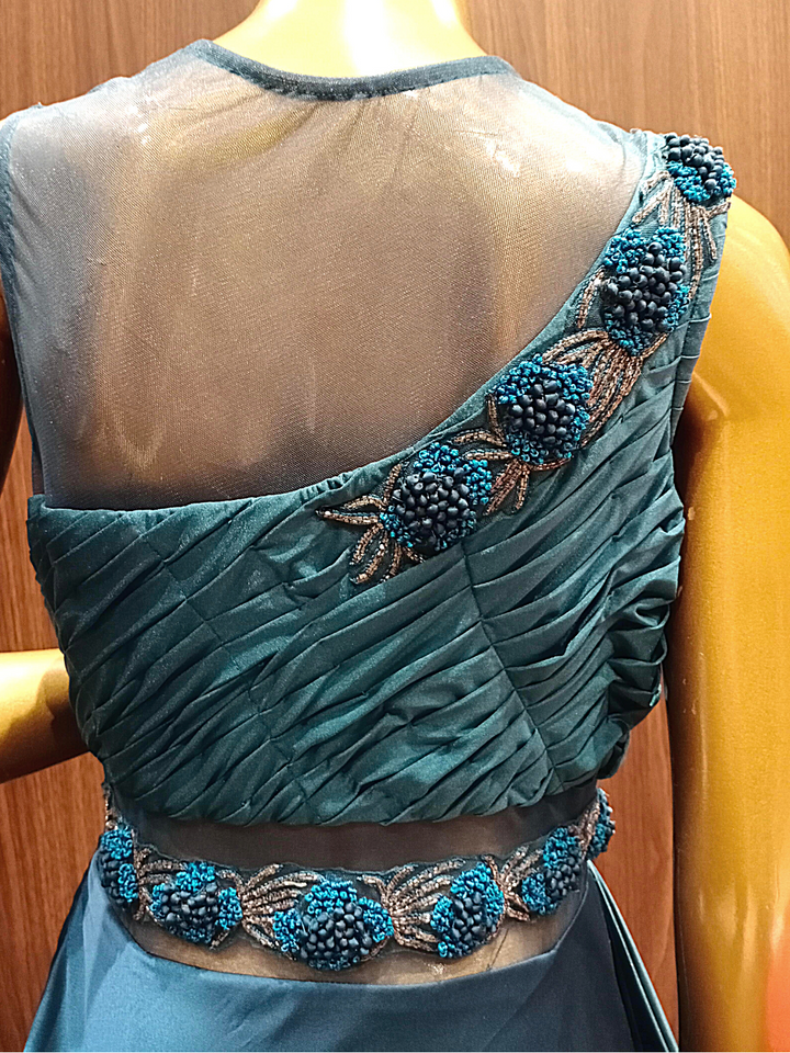 Midnight Blue Crepe Silk Flared Gown With Rushing and Metallic Pearl Embroidery