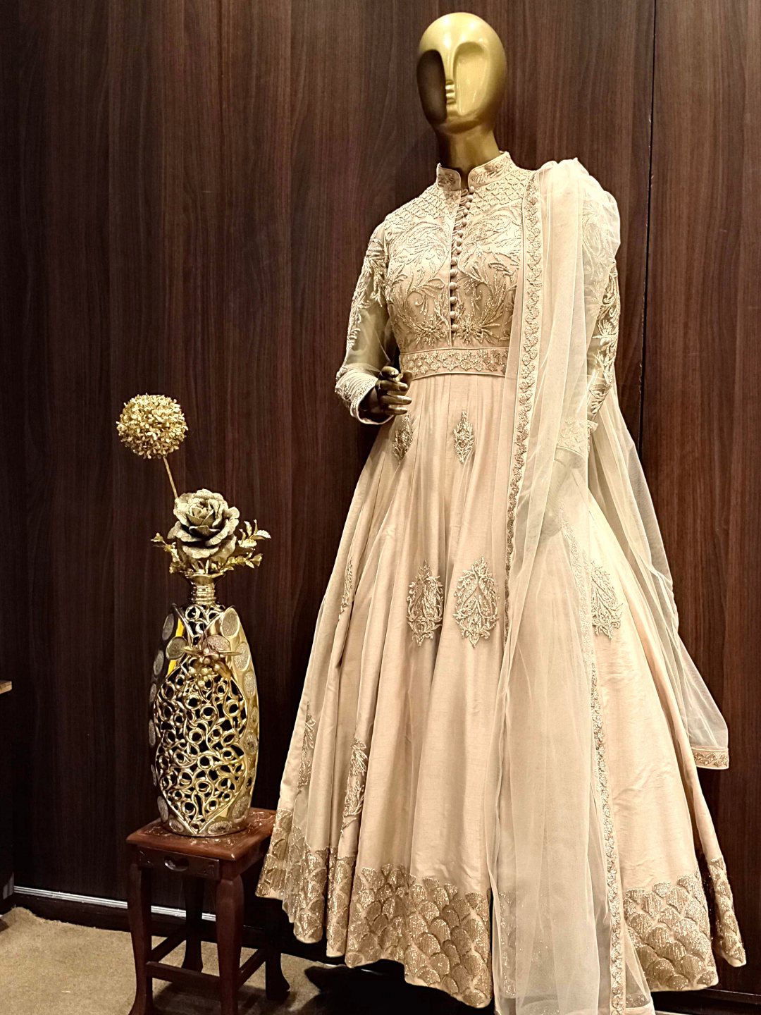Beige Embellished Raw Silk Anarkali with Resham embroidery in Ethnic Pattern