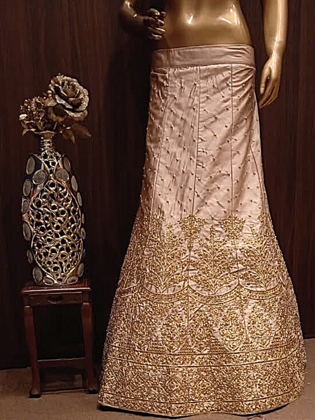 Rose Gold Semi-Stitched Silk Lehenga Set with Net Dupatta With Gold Aari Embroidery