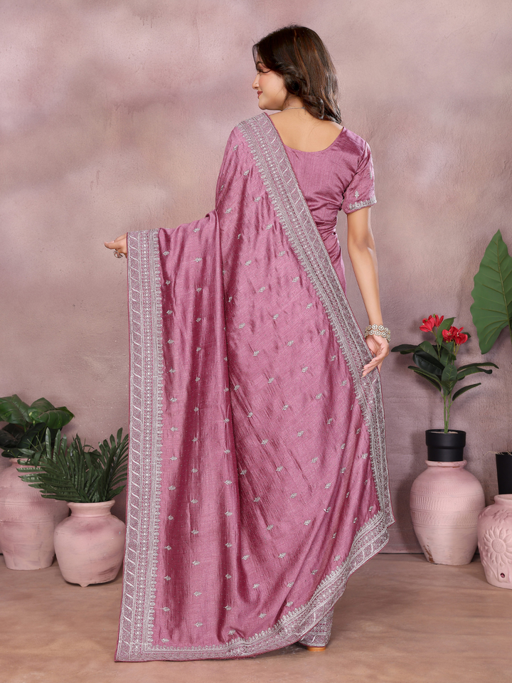 Dusty Pink Sequin Embroidered Booti Saree with Broad Border