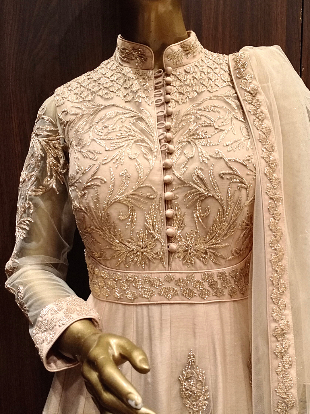 Beige Embellished Raw Silk Anarkali with Resham embroidery in Ethnic Pattern