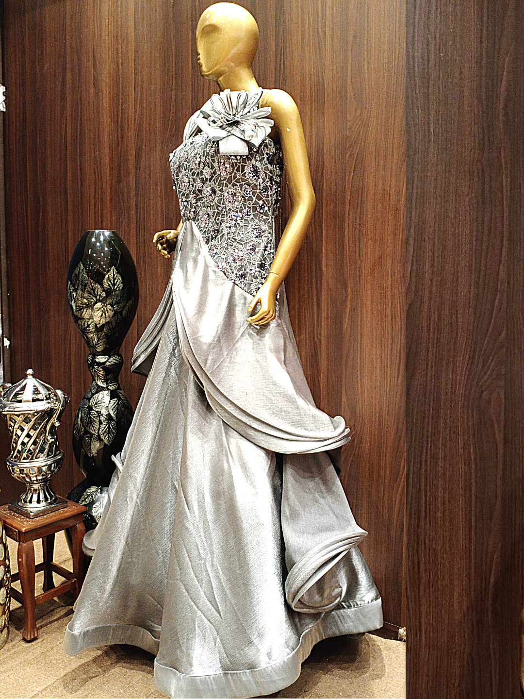 Grey Flared Cut work Gown With Ruffled Sleeves, Sequence & Oxidised Silver Zari Embroidery