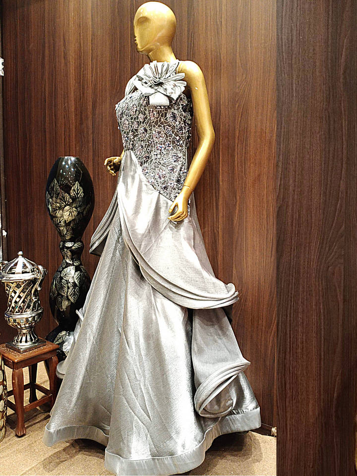 Grey Flared Cut work Gown With Ruffled Sleeves, Sequence & Oxidised Silver Zari Embroidery