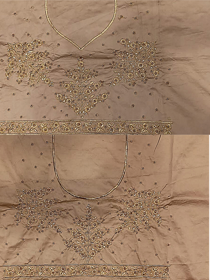 Rose Gold Semi-Stitched Silk Lehenga Set with Net Dupatta With Gold Aari Embroidery
