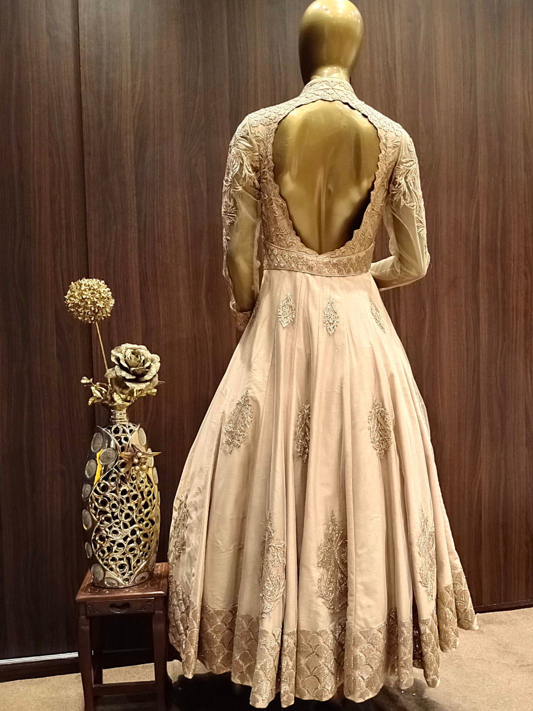 Beige Embellished Raw Silk Anarkali with Resham embroidery in Ethnic Pattern
