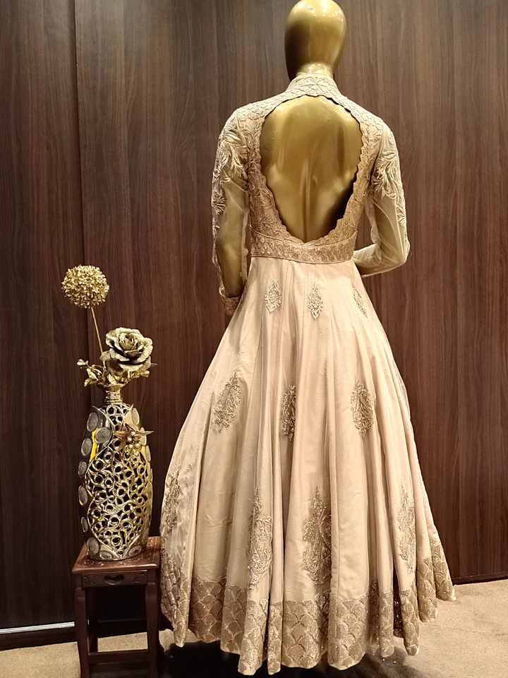 Beige Embellished Raw Silk Anarkali with Resham embroidery in Ethnic Pattern