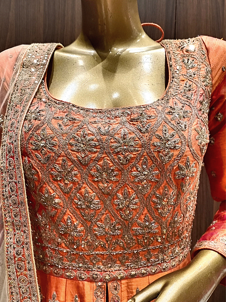 High Slit Anarkali Gown with Gold Zardozi Embroidery &Contrast Heavy Dupatta.