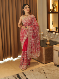 Georgette Saree with Silver Zari Sequin Embroidery, Leaf Jaal & Scalloped Border