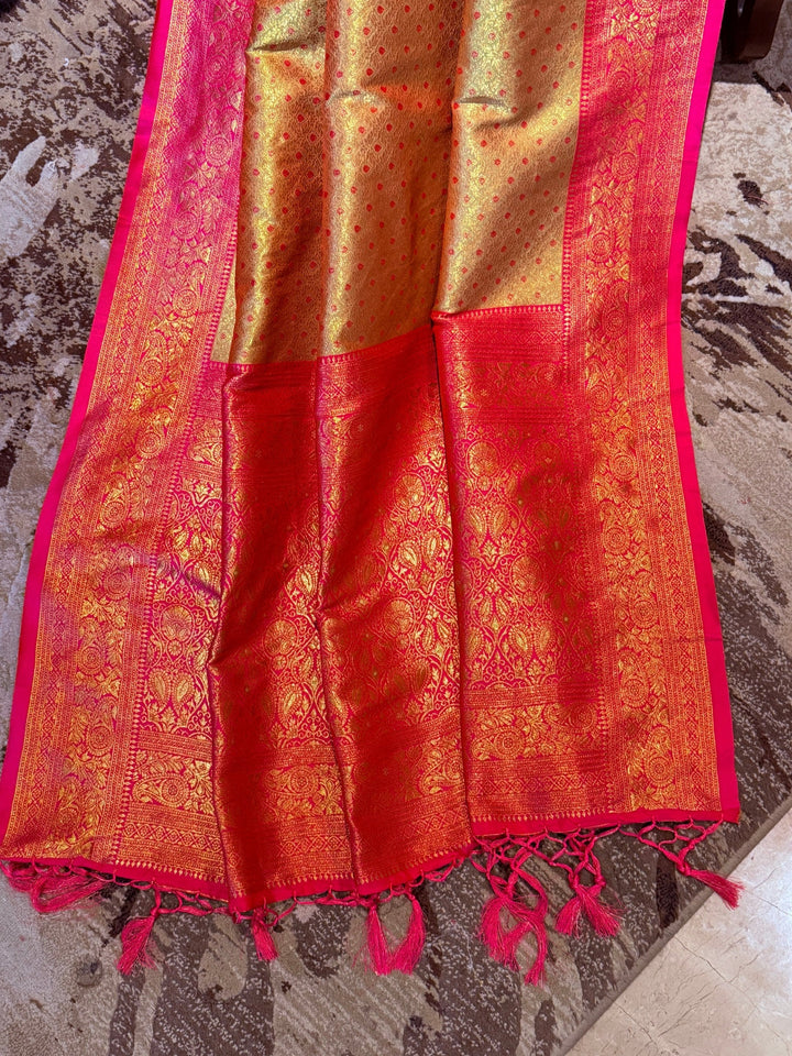 Golden Pink Zari Woven Banarasi Saree with Polka Dot Body & Floral Brocade Border