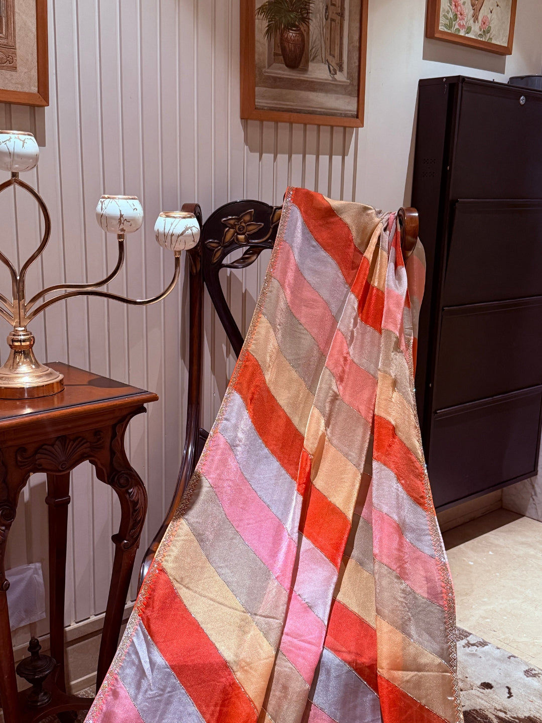 Multicolor Satin Organza Saree with Diagonal Stripes & Subtle Gold Zari Edge