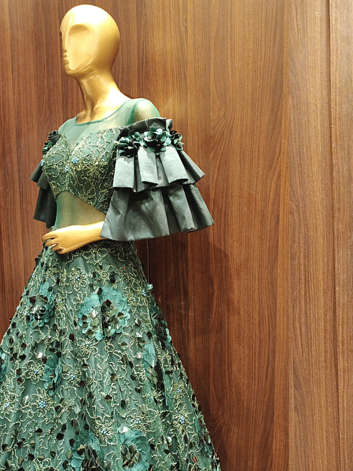 Green Cocktail Flared Sequence Gown with Stylised Ruffled Sleeves