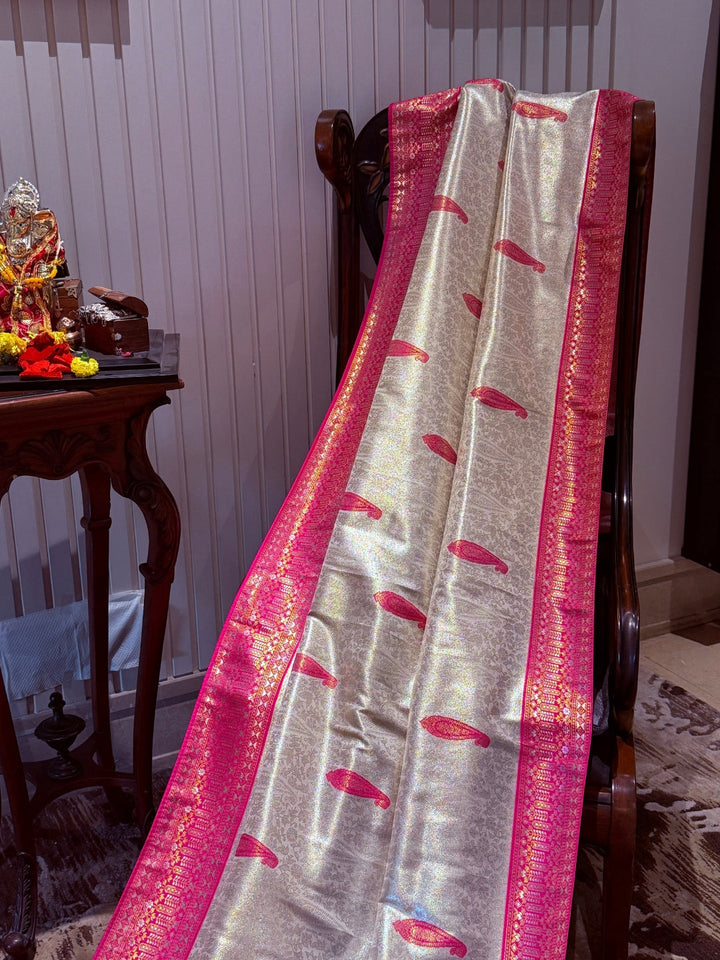 Banarasi Art Silk Saree with Paisley Motifs & Broad Woven Brocade Border