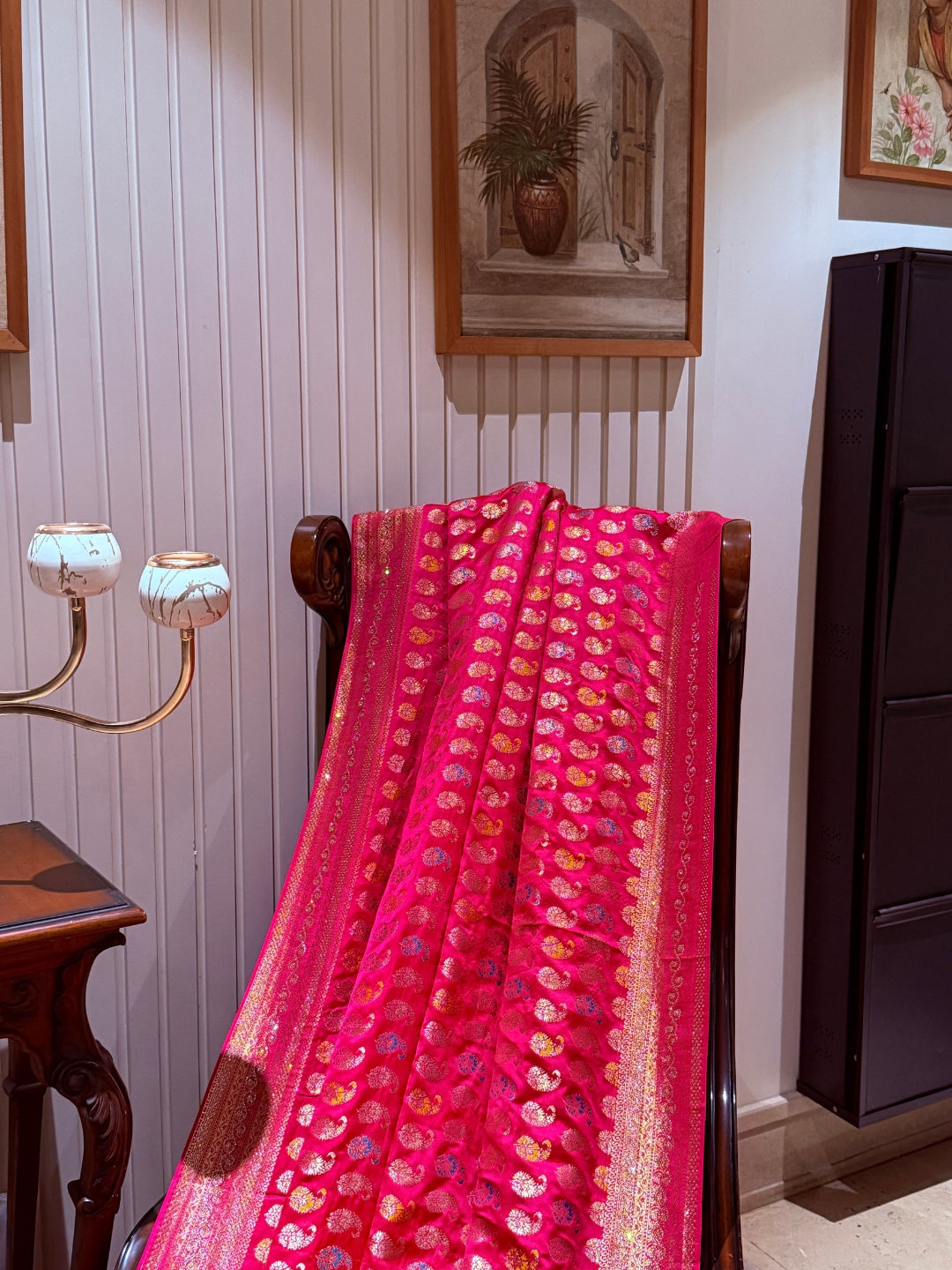 Pink Banarasi Saree with All-over Gold Zari Buta and Dual-Tone Geometric Woven Border