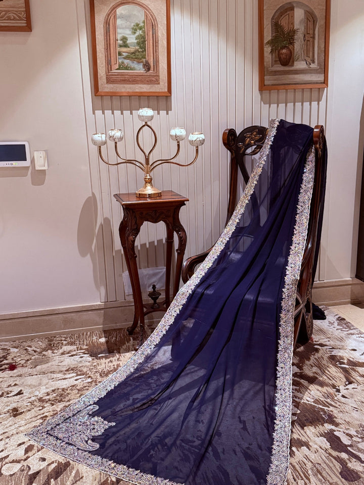 Navy Blue Georgette Saree with Silver Pastel Sequin Floral Embroidered Broad Border