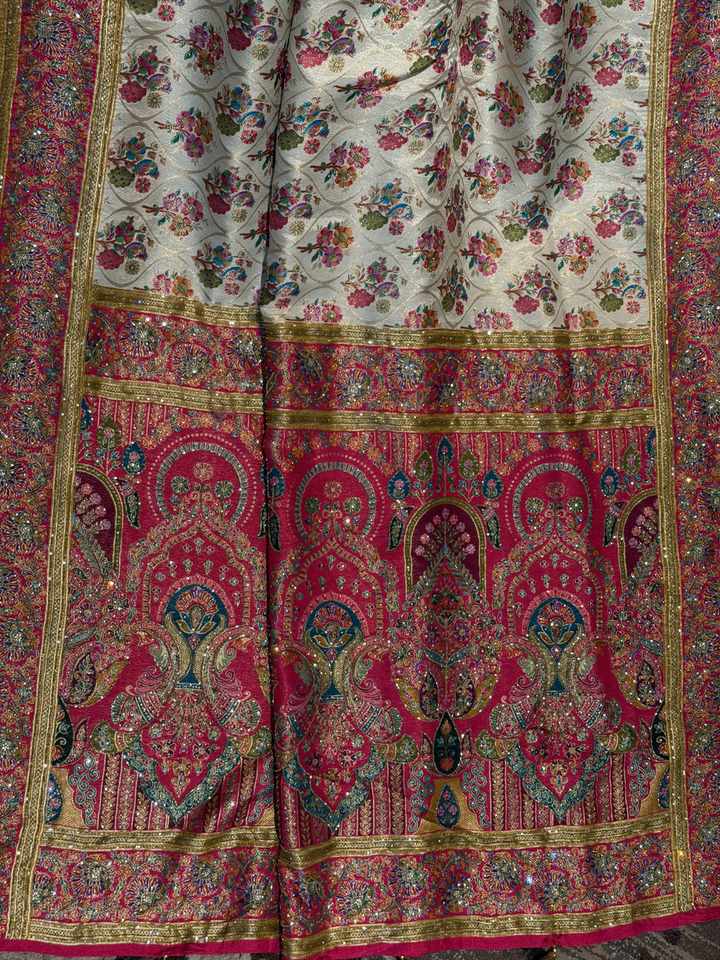 Ivory & Pink Banarasi Silk Saree with Meenakari Floral Jaal Weaving & Heavy Zari Paisley Border with Sequin Work