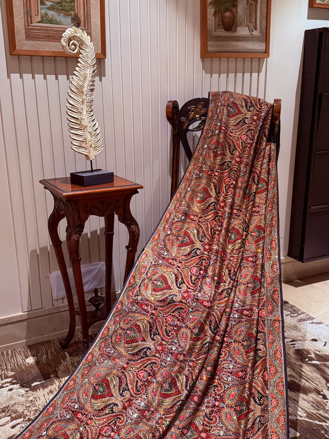 Multicolour Jamawar Saree with All-over Paisley Floral Woven Brocade & Classic Border