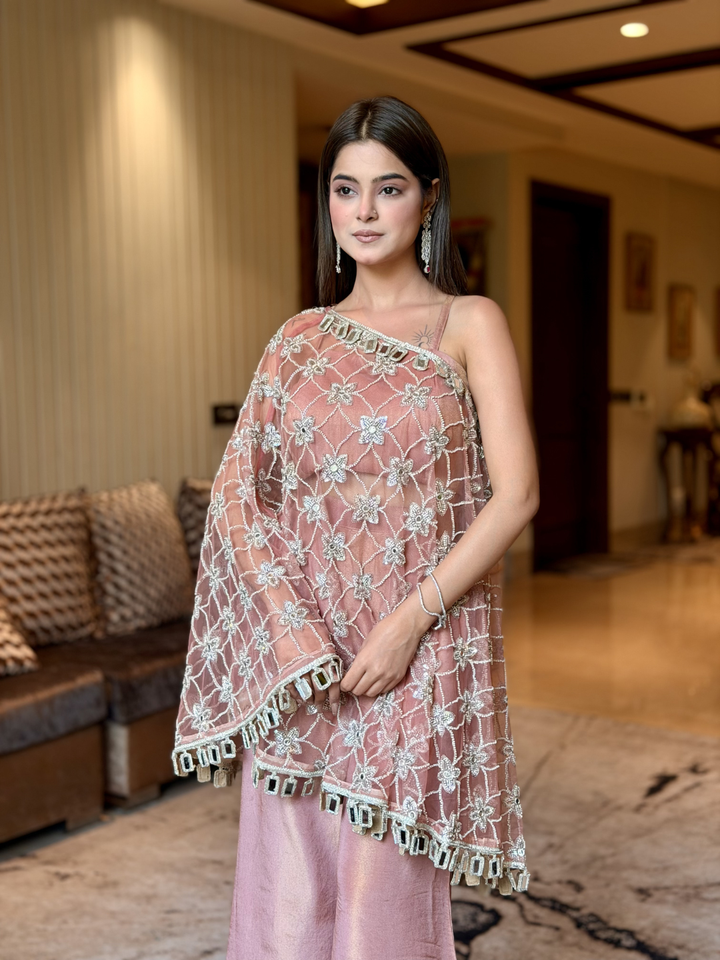 Dusty Rose Net One-Shoulder Dress with Pearl, Cutdana & Mirror Floral Jaal Embroidery with Square Mirror Tassel Border