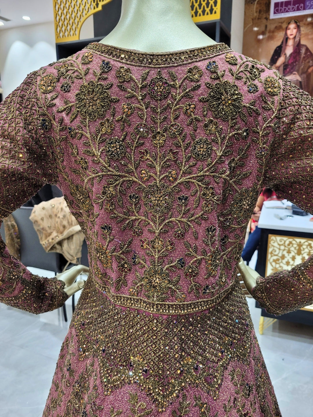 Rosewood Pink Embroidered Anarkali Gown with Heavy Zari Work & Dupatta
