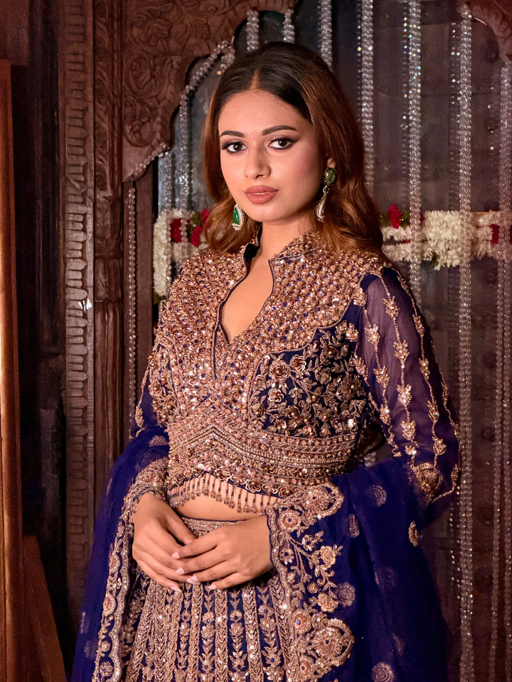 Stone Embellished Lehenga Choli Set in Navy Blue Gold