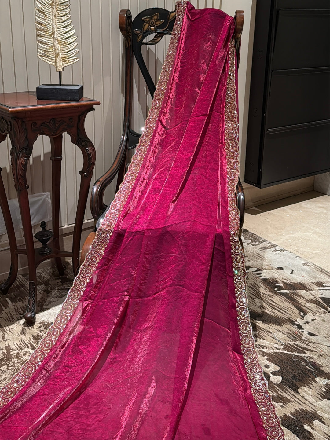 Magenta Shimmer Tissue Saree with Heavy Gold Sequin Circular Embroidered Scallop Border