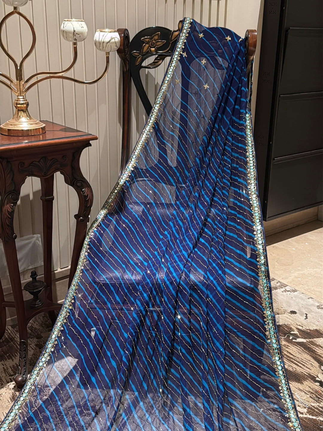 Navy Blue Saree with Turquoise Stripes, Silver Sequins & All-Over Mirror Work Border
