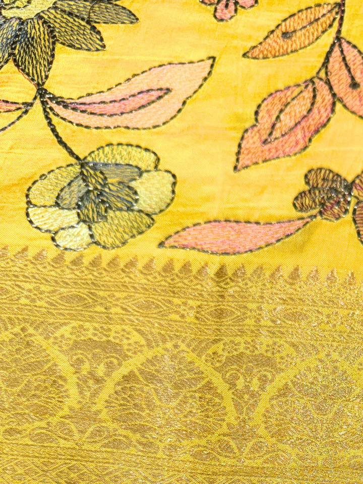 Banarasi Silk Saree with Floral Embroidery and Zari Woven Border