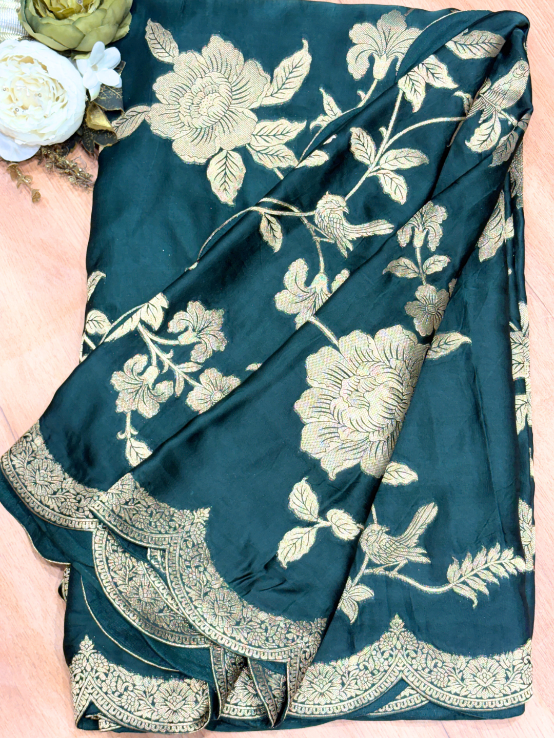 Teal Green Silk Golden Zari Woven Floral Saree with Scalloped Border