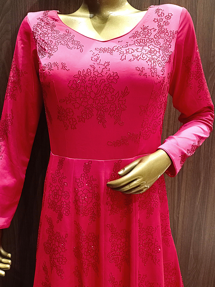 Fuchsia Pink Flared Crepe Gown with Tonal Swarovski Crystal Embellishments