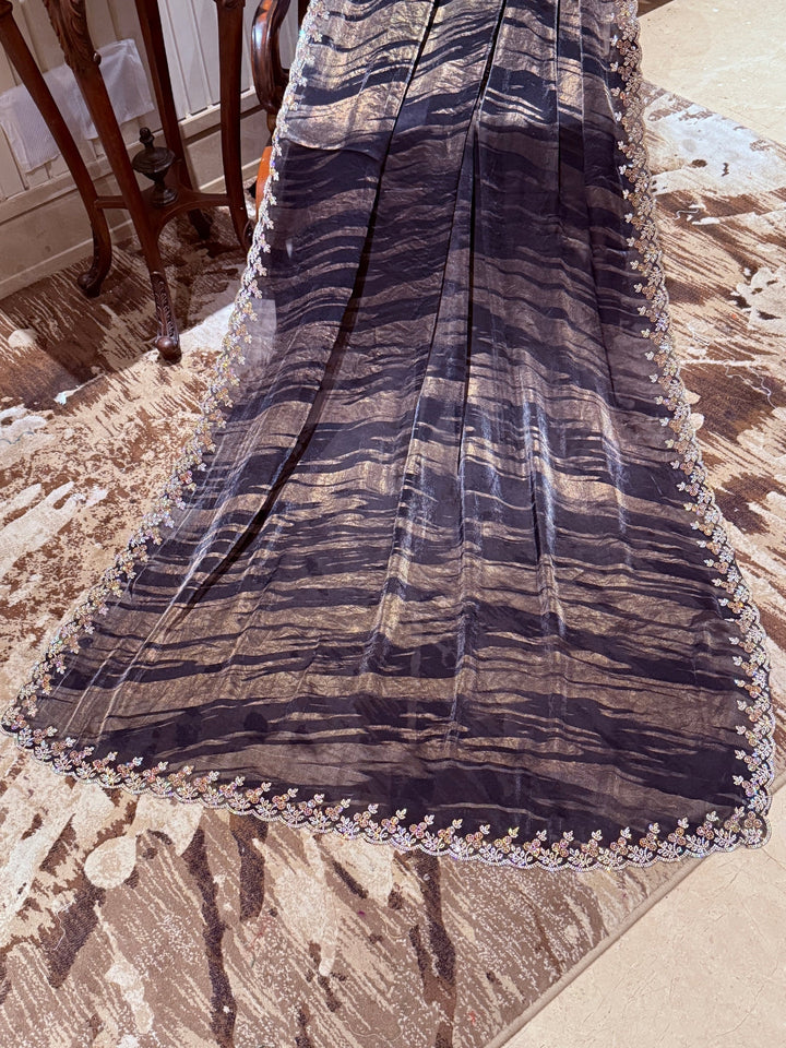 Black Saree with Gold Shimmer Wavy Stripes & Pastel Embroidered Floral Sequin Border