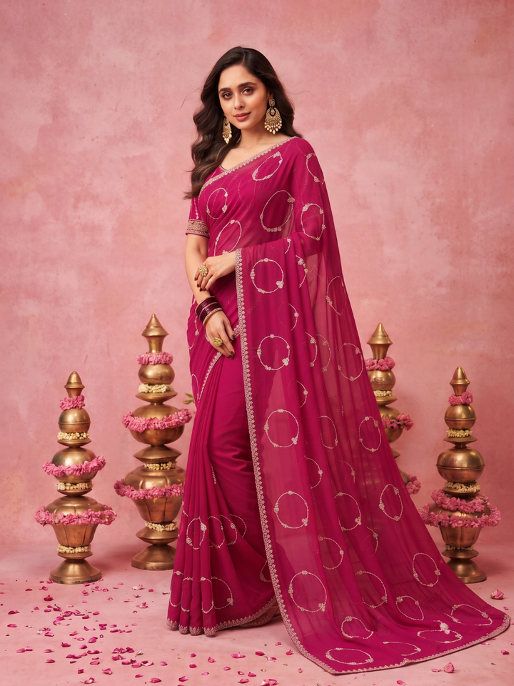 Georgette Saree with Silver Zari Ring Motifs Embroidery & Scalloped Lace Border